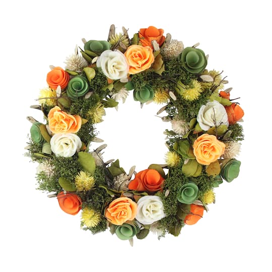 12.5&#x22; Orange &#x26; White Flowers with Moss &#x26; Twig Spring Wreath